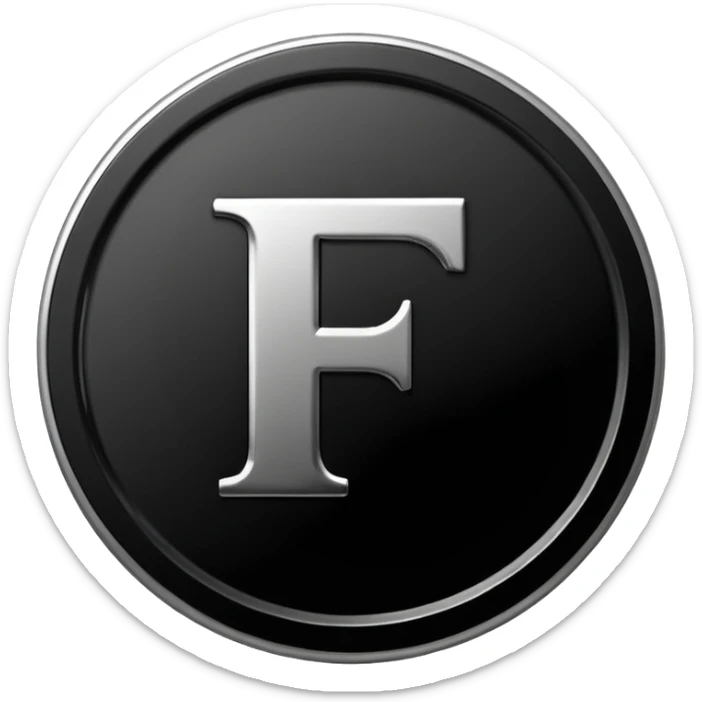 Emoji icon of a black coin with engraved letter F, minimalist style, isolated sticker