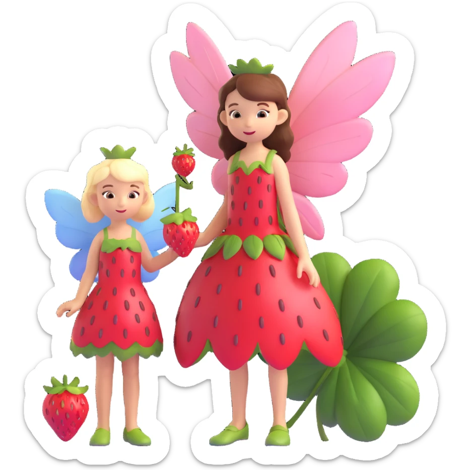 a fairy girl with wings and a dress standing next to a large strawberry sticker