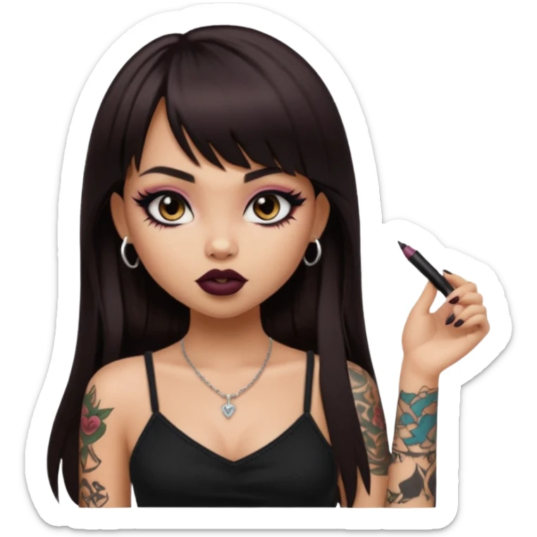 generate a pretty bratz girl in black cami top, dark brown straight long hair with bangs, eyeliner on, with tattoos sticker