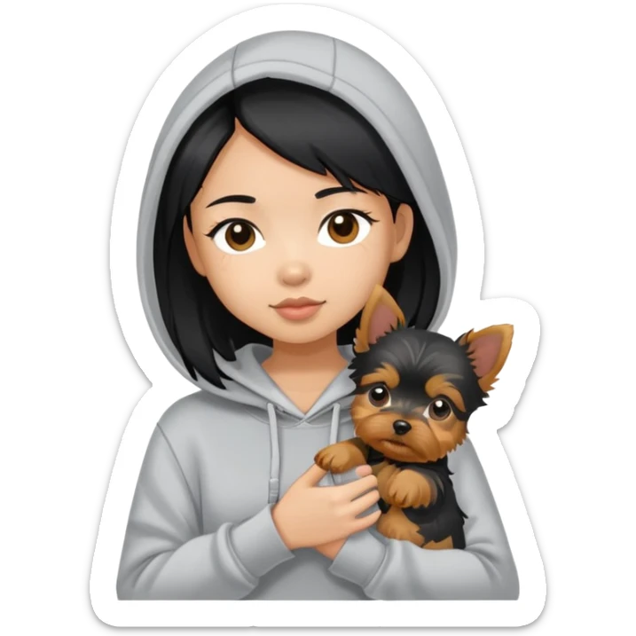 a black-haired asian girl in a gey hoodie with a yorkie puppy sticker