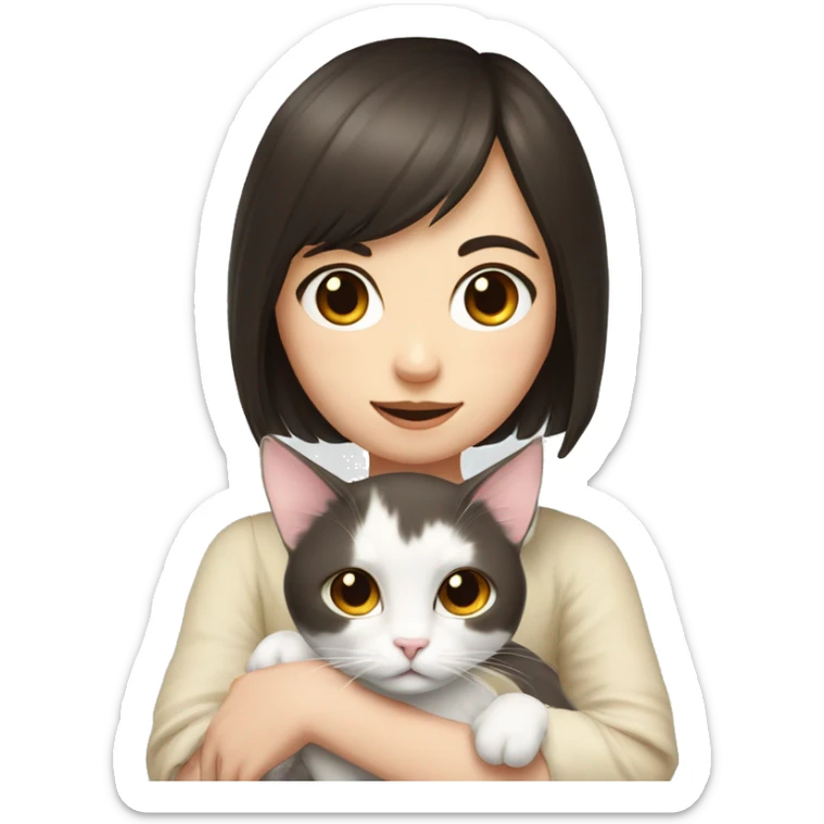 A pale girl with dark brown hair and dark brown eyes and bangs holds a white cat in her hands sticker