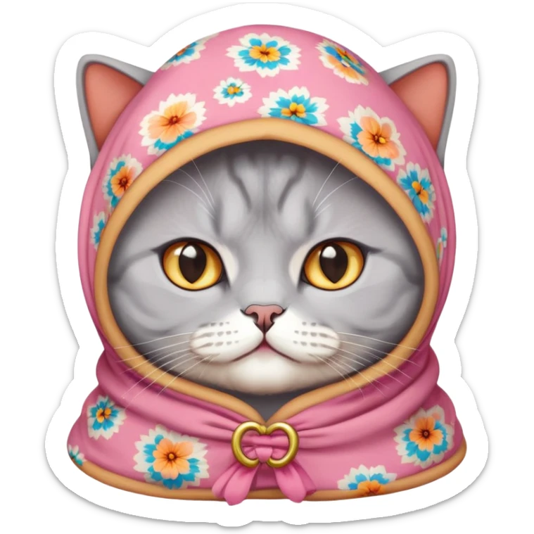 A british shorthair peach cat wearing a colorful babushka sticker