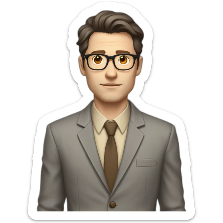 Full height Pale skinned Fit Man With dark brown hair in gray jacket, beige office shirt, tie, Brown pants and vintage glasses. Thrumbs of his palms directed up sticker