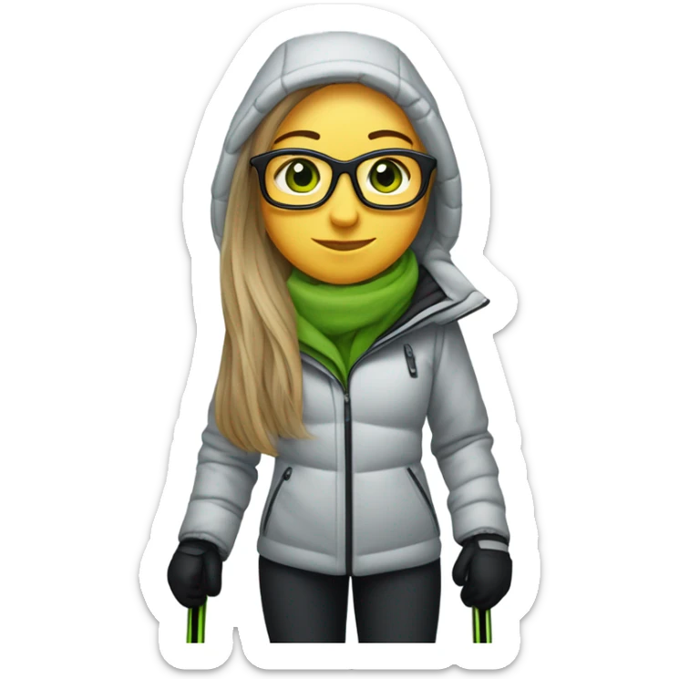 Green-eyed, slightly overweight female skier with long straight hair, glasses, light grey snow jacket, long black pants, black only snow boots, wearing black skis standing tall. sticker