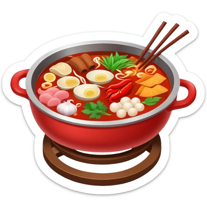 Sichuan Hot Pot with spicy red broth and ingredients, simplified emoji style with bold outlines and bright colors, cartoon style traditional Chinese divided hot pot sticker