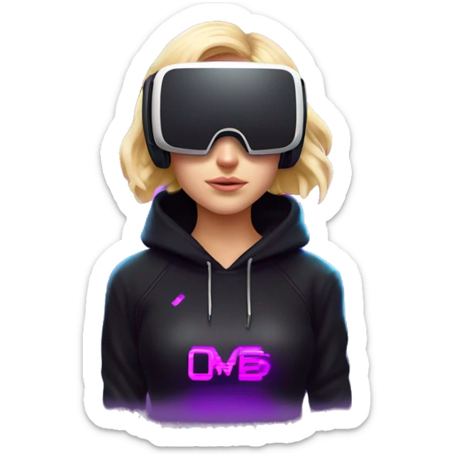 Russian cute blond student girl wearing black hoody with violet letters "OMG", in vr headset. No eyes. Cyberpunk style. Violet neon. sticker