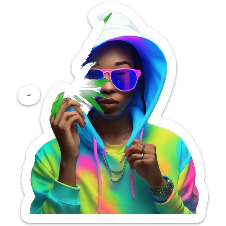 Hemp leaves Multicoloured neon person smoking wearing hoodie dancing hip hop bucket hat tropical Skater fashion aesthetic baggy clothes graphic t shirt 420 sticker