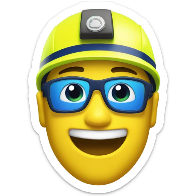 a yellow male rescuer with a fluorescent yellow and blue navy outfit and a fluorescent yellow helmet smiling sticker