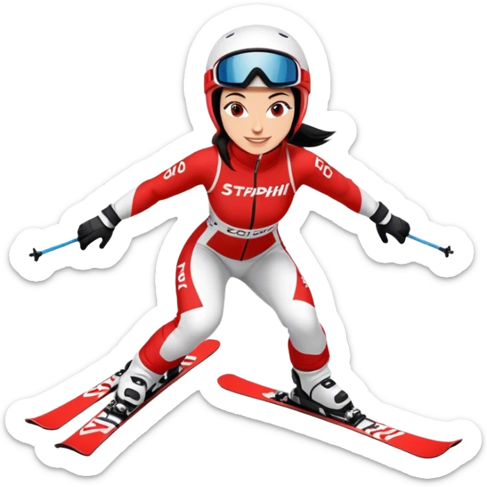 Ski racer downhill squat woman red white dress Stephanie Venier lettering Ski Head lettering black hair smile sticker