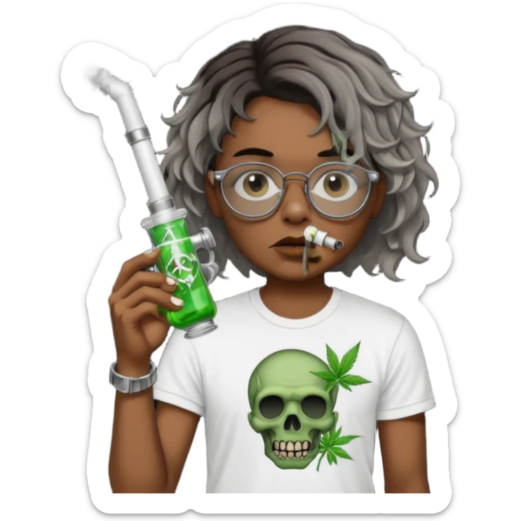 brown short wavy haired zombie getting stoned with weed t shirt and bong on his hand and wearing black chrome hearts bifocals sticker