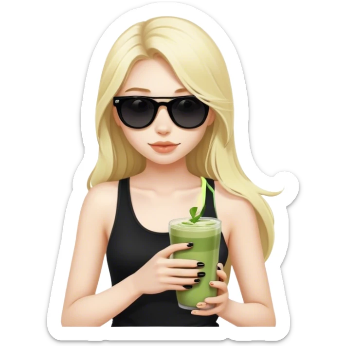 Blonde girl with pale skin and long hair with black sunglasses in black tank top and matcha latte sticker