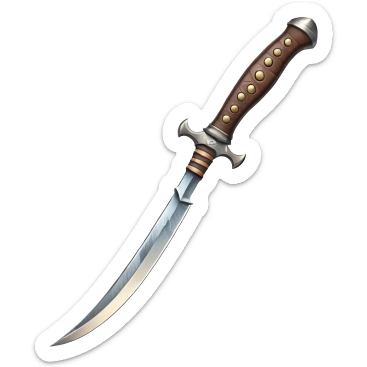 crysknife close-up, curved blade from sandworm tooth, metallic shine, cracked texture, leather hilt, warm light, bold sharp emoji style sticker