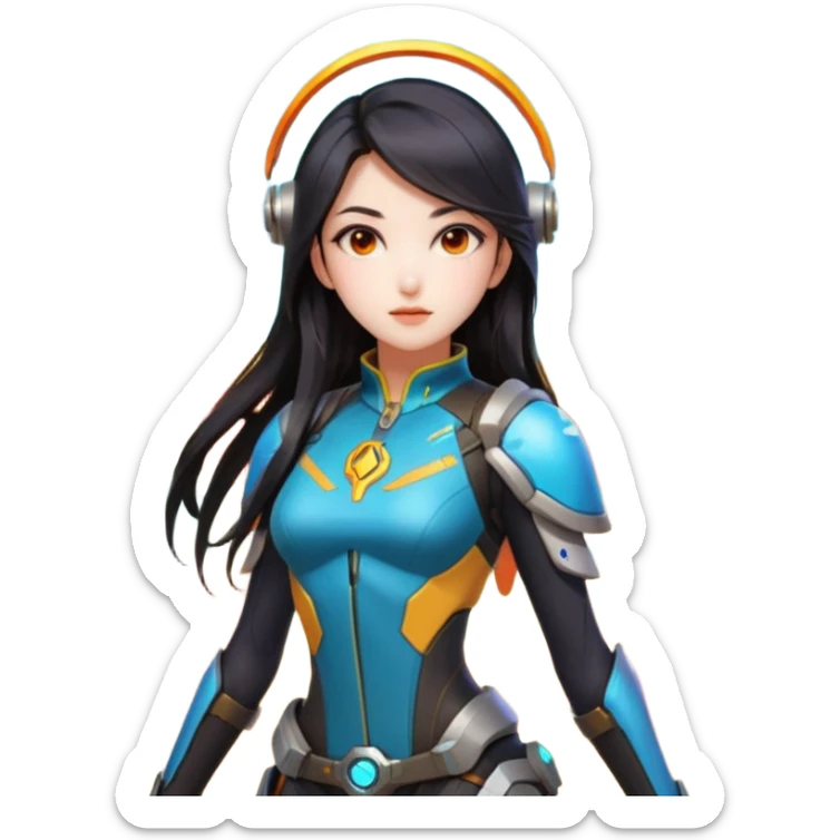 emojis.com an-asian-girl-with-dark-long-hair-and-dark-eyes,-wearing-futuristic-clothes-like-mercy-from-overwatch,-has-her-wings.-on-the-background-is-nebula-of-yellow,-orange,-red-and-turquoise-colours.-she's sticker