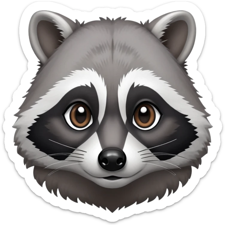 Cinematic-Noble-Raccoon-Portrait-Emoji – Poised and confident, with a sturdy build and a beautifully textured fur of silver-grey accented by dark black facial markings, deep-set, big black eyes, simplified yet sharp and sophisticated zoom out to show shoulders sticker