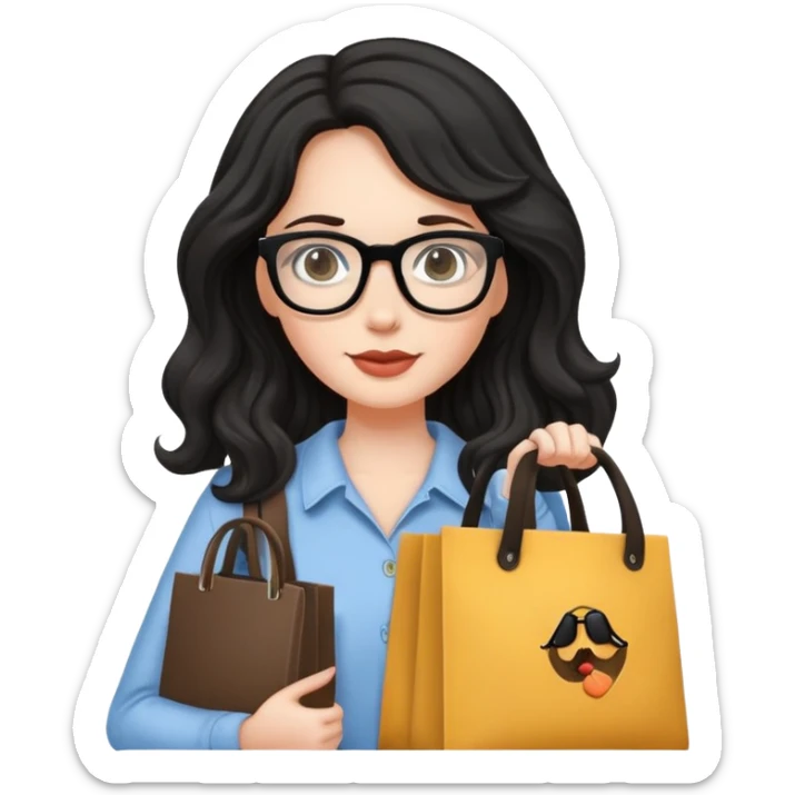 A white girl with black wavy long hair, wearing Wearing glasses and Crossing a tote bag sticker