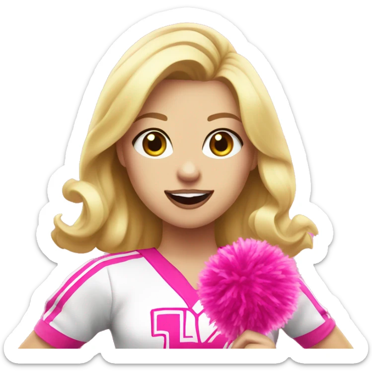 blonde cheerleader wearing pink uniform holding pink pompoms, pink bubblegum on mouth sticker