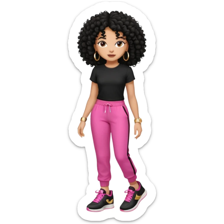 Black woman, adult, 4C black curly hair, dark brown eyes, wearing black top, pink pants, black sneakers, gold hoop earrings mostrando os músculos  sticker