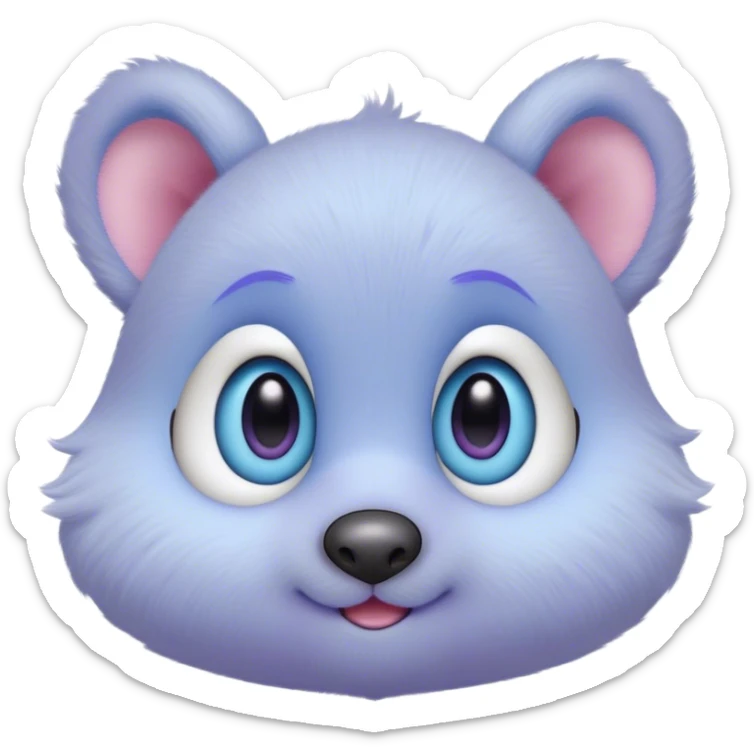 A creature with pastel purple fur and large pixar blue eyes and very small ears like a teddy bear. The nose is just a very small pink oval. The base around the eyes, eyebrows, nose and mouth is white, blushing. sticker