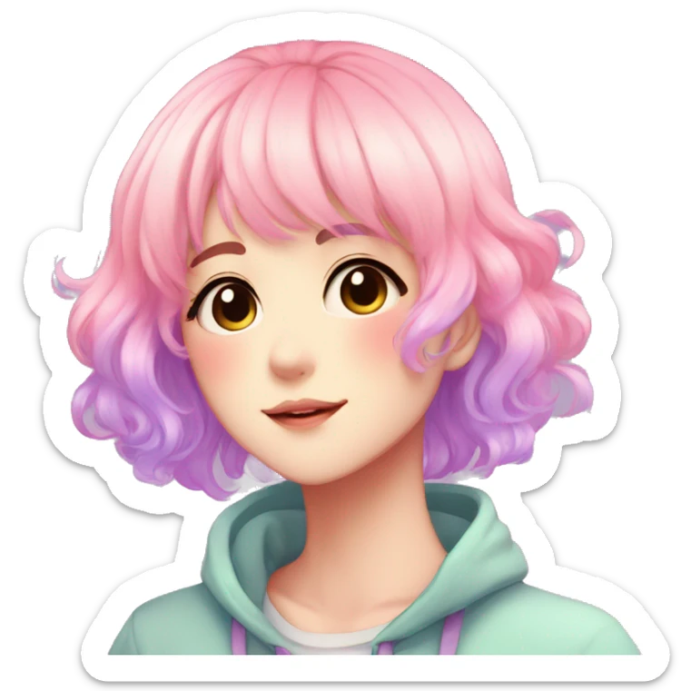Gorgeous anime style femboy with blushing face aesthetic and pretty colorful shiny gradient pastel hair trending style sticker