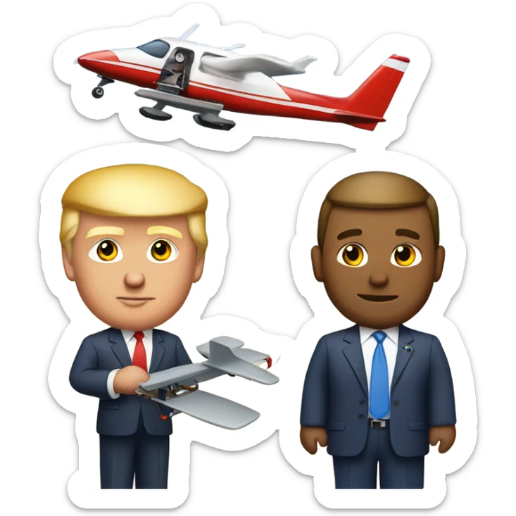 Donald trump holding an airplane in one hand and a helicopter in the other sticker
