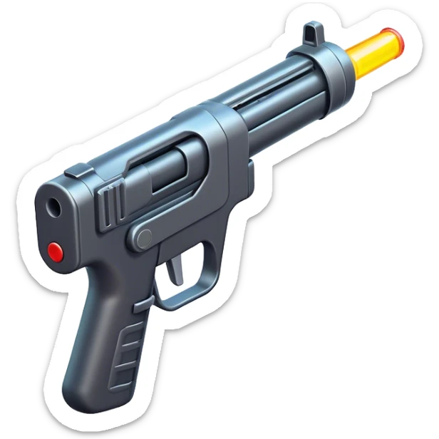 Clash of Clans aesthetic: Cinematic Playful 3D Isometric Laser Gun Emoji, rendered in a 3D vector-style similar to standard emojis with minimal shading and bold, simplified shapes. A compact, distinct form with signature details, softly glowing with a futuristic sci-fi warfare charm. Simplified yet unmistakably iconic, highly detailed and consistent, glowing with a soft radiance and high shine. Stylized with a touch of high-tech brilliance and a soft glowing outline, capturing the essence of a beloved gaming relic with a friendly, playful manner! sticker