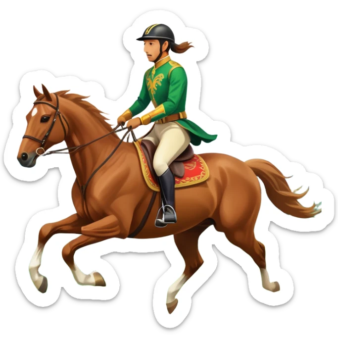 An icon showcasing a majestic horse and rider in full gallop across a lush green field. The background features a clear sky, distant mountains, and a vibrant landscape. The rider wears traditional gear, while the horse leaps with grace and power. Transparent background sticker