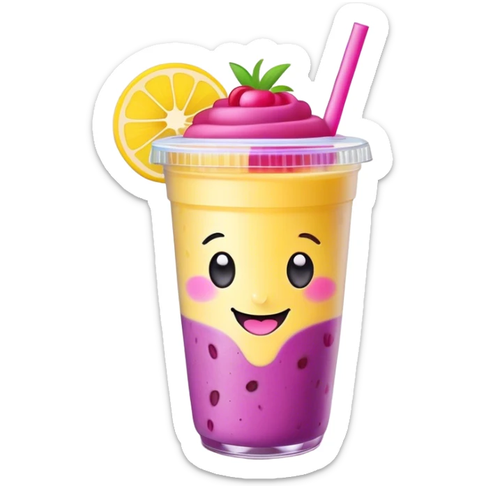 Cute Kawaii Smoothie Cup, filled with blended fruity goodness, a smiling face with excited eyes, bright colorful layers of pink, yellow, and purple, topped with a straw and tiny fruit slices! sticker