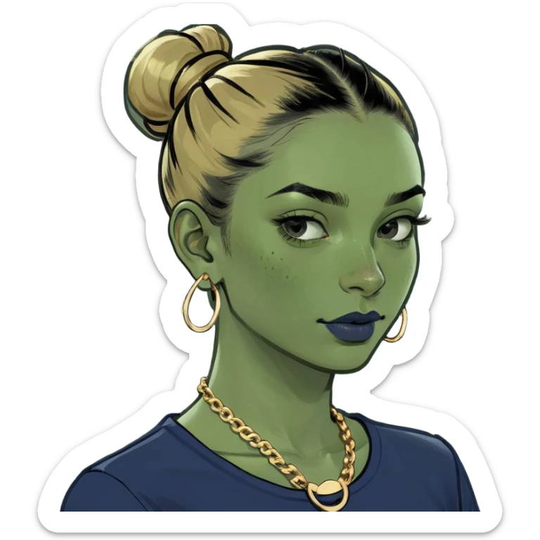 A girl with brown hair in a slick back bun  a gold necklace and earrings freekals shirt with small navy blue stripes and jeans  sticker