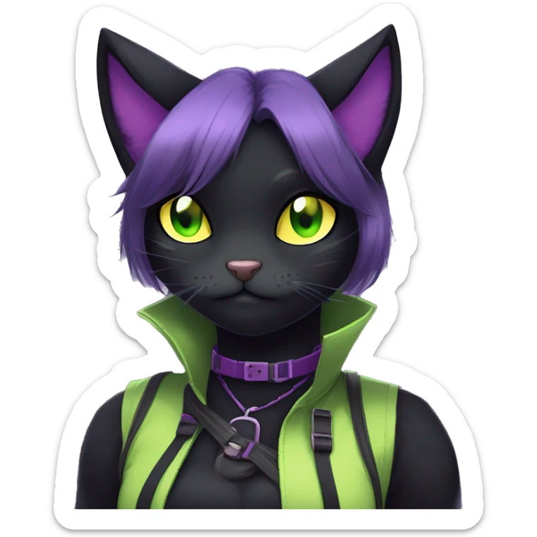 Gorgeous furry gothic dark techwear anime style anthro black cat furry sona Fakemon with blushing face yellow-green eyes with ponytail, aesthetic and pretty edgy black with violet collar and harness trending style sticker