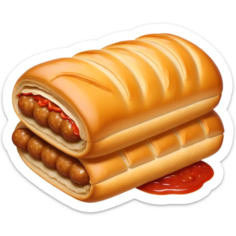 cinematic-realistic-sausage-roll-dish-emoji,-depicted-with-a-crisp,-golden-pastry-wrapped-around-flavorful-sausage,with a squeeze of tomatoe sauce on top sticker