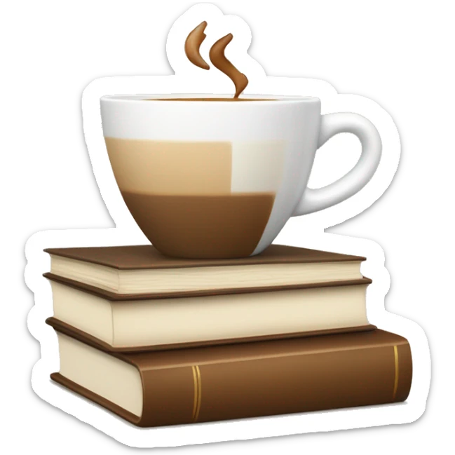 white cup of coffee on top of a small stack of brown and beige books sticker