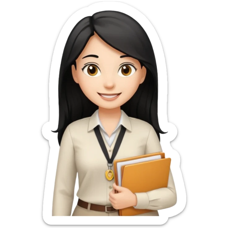 a light tan woman with long black hair past mid-back, round brown eyes, with folders in her hands. she has a id lanyard on and white professional blouse. sticker