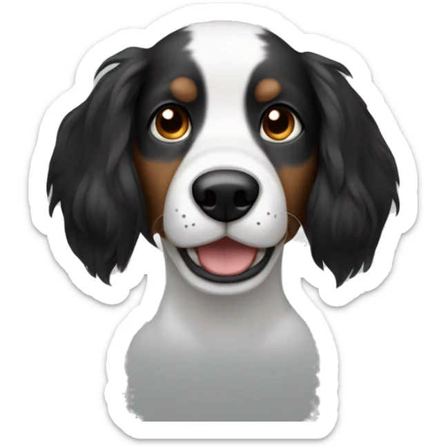 Black and white dog with long hair and brown eyes and big ears dmiling sticker