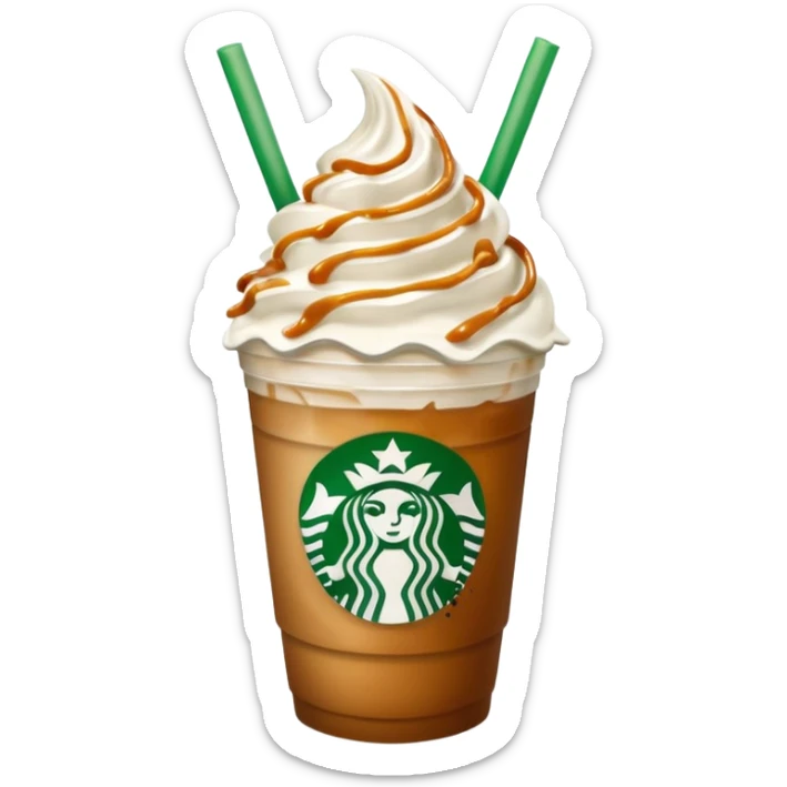 A 3D cartoon Starbucks Frappuccino cup with whipped cream and caramel drizzle, frosty texture, green straw, transparent cup with logo, soft cool lighting, Memoji-style. sticker