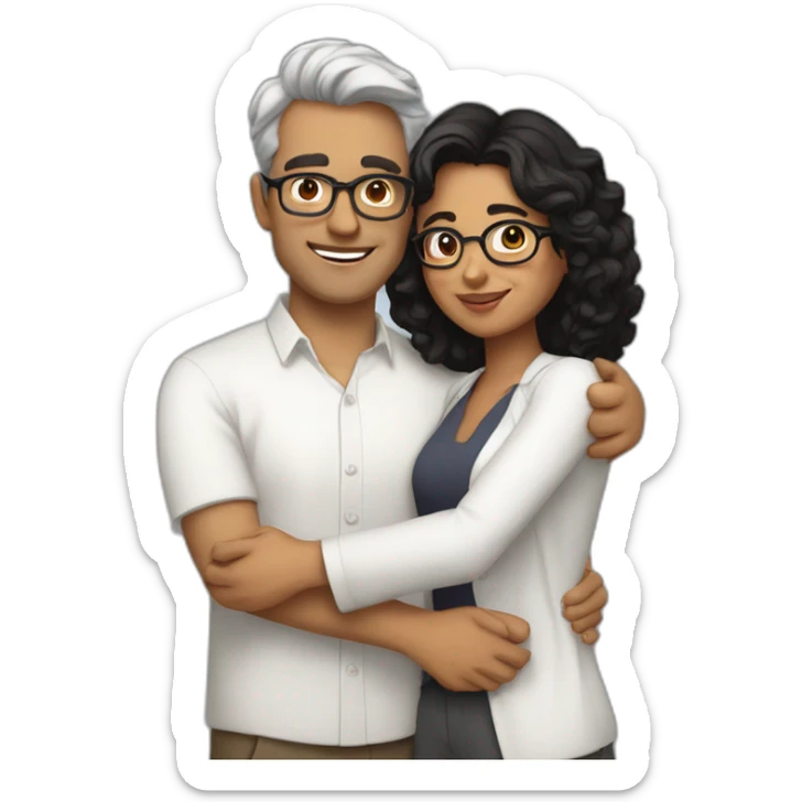 Indian woman with medium curly hair hugging a tall white man with black hair and glasses in a white shirt sticker