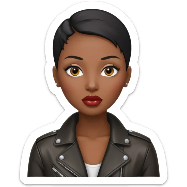 Gorgeous woman shiny black hair no eyebrows leather jacket Alluring black woman wide nose bald head big glossy lips sticker