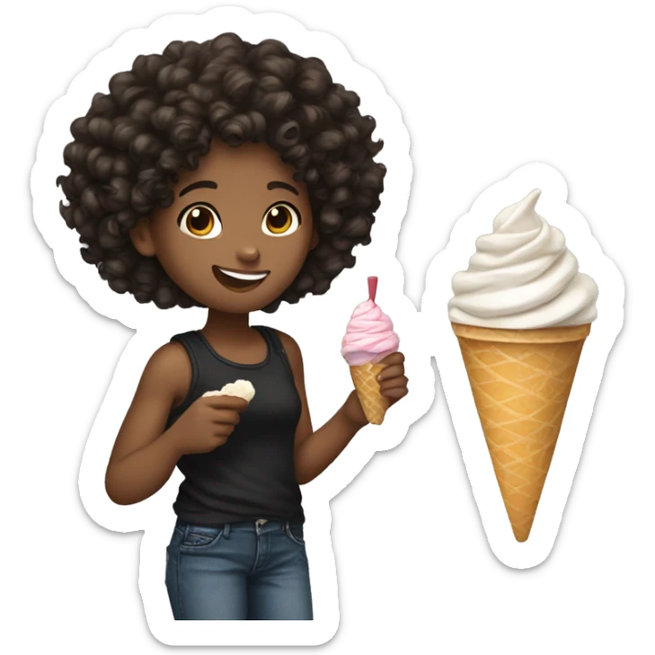 A 13 year old girl dark brown hair (curly), wearing a black tank top and jeans, eating an icecream sticker