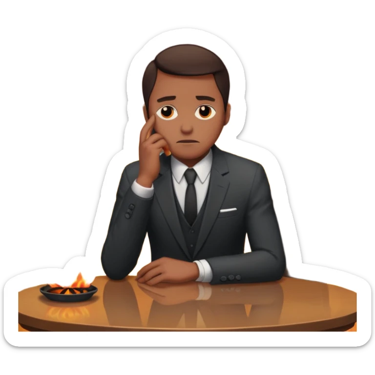 apple style emoji of a man sitting at a table, looking sad, house on fire behind sticker