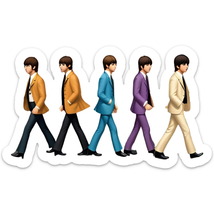 Cinematic Realistic The Beatles Abbey Road Scene Emoji, depicting the legendary band of four crossing the iconic zebra-striped street in their classic outfits, exuding effortless charisma and musical legacy. The scene is bathed in warm, nostalgic lighting with rich textures that capture the essence of 1960s rock history. sticker