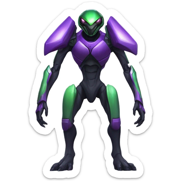 a shiny black-purple-green Genesect-Raptor-Fakémon—hybrid with a futuristic visor-helmet full body sticker