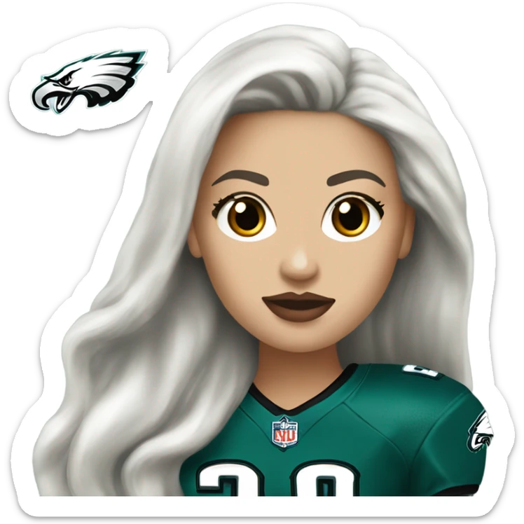 White female long dark hair red lips wearing Philadelphia Eagles jersey sticker