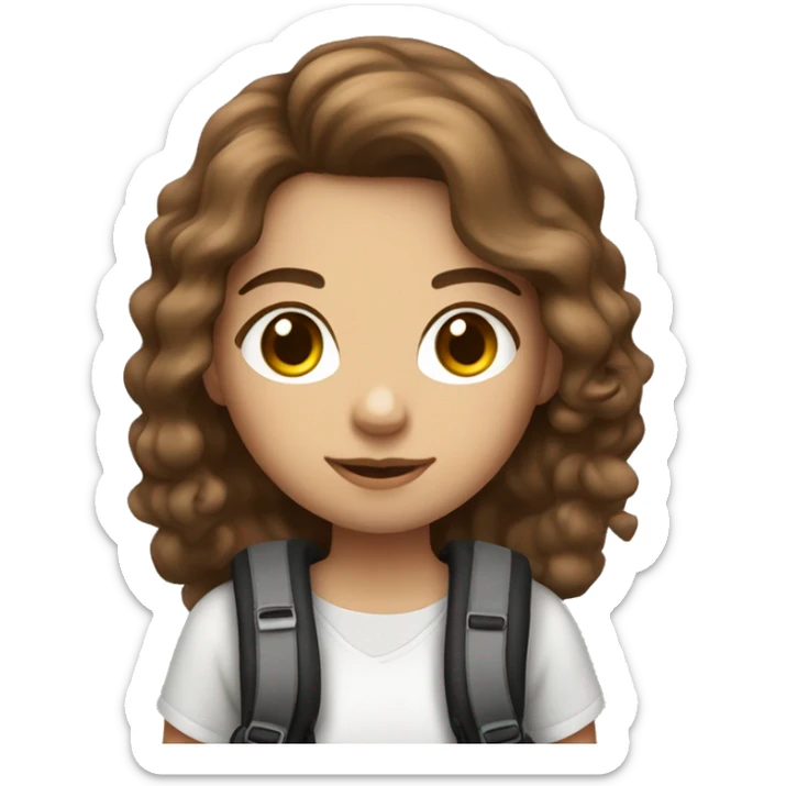 A photographer girl, Brown eyes, soft curl long brown hair, White skin, with a câmera and a backpack sticker