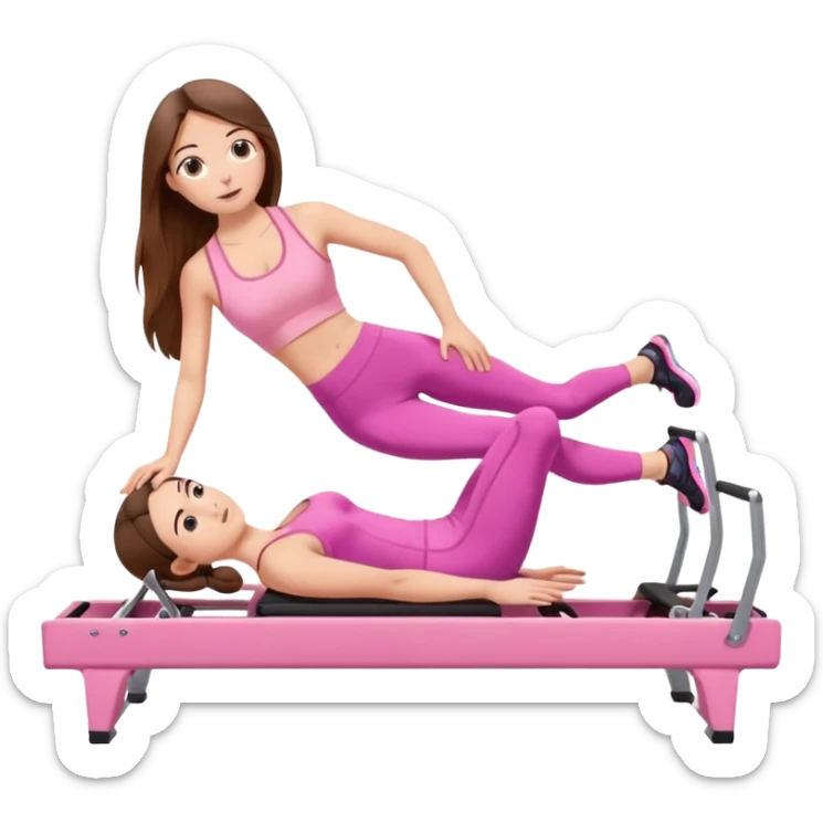 long brown hair girl doing a plank on a pilates reformer in a pink workout set sticker