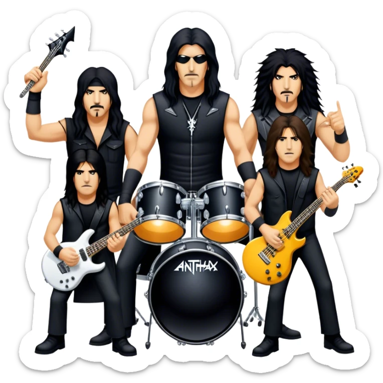 Icon for Heavy Metal: Anthrax live concert with Charlie Benante on drums, Joey Belladonna on vocals, Frank Bello on bass, Jonathan Donais and Scott Ian on guitars. The intense energy of the band is captured with instruments and stage lighting. Transparent background. sticker