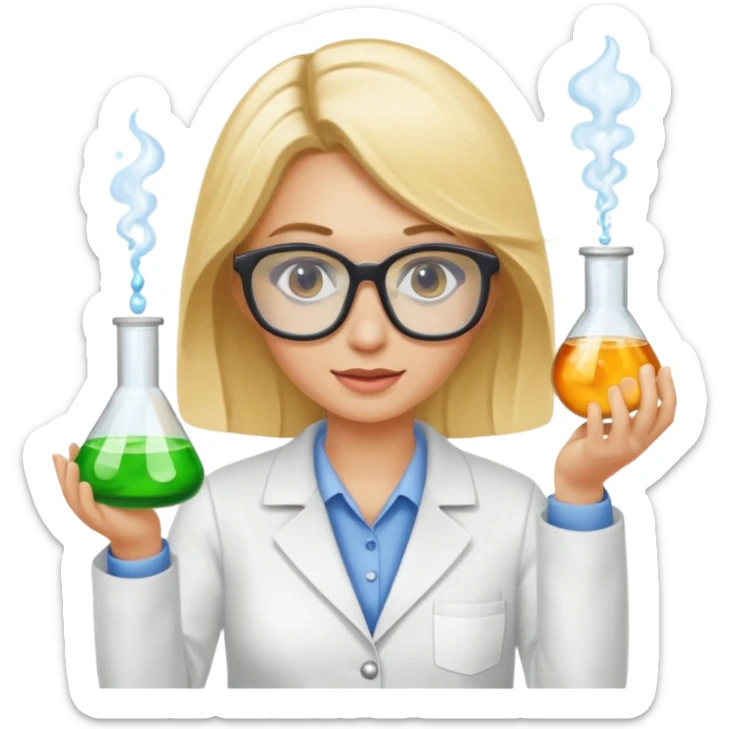 Eine hellblonde Chemikerin mit typischem Erlmeyerkolben in der Hand und Laborbrille auf sticker
