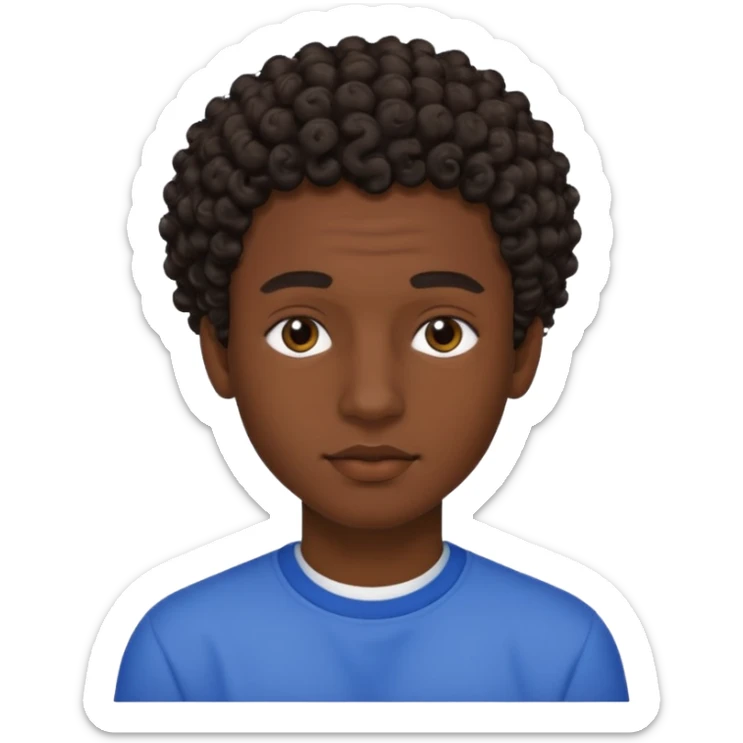 Une homme de 17 ans il a la peau noir foncé , des lèvres pulpeuses des sourcils plus ou moins épais Il a un taper bouclé  mais que au dessus il a un dégradé sur les côtés  sticker