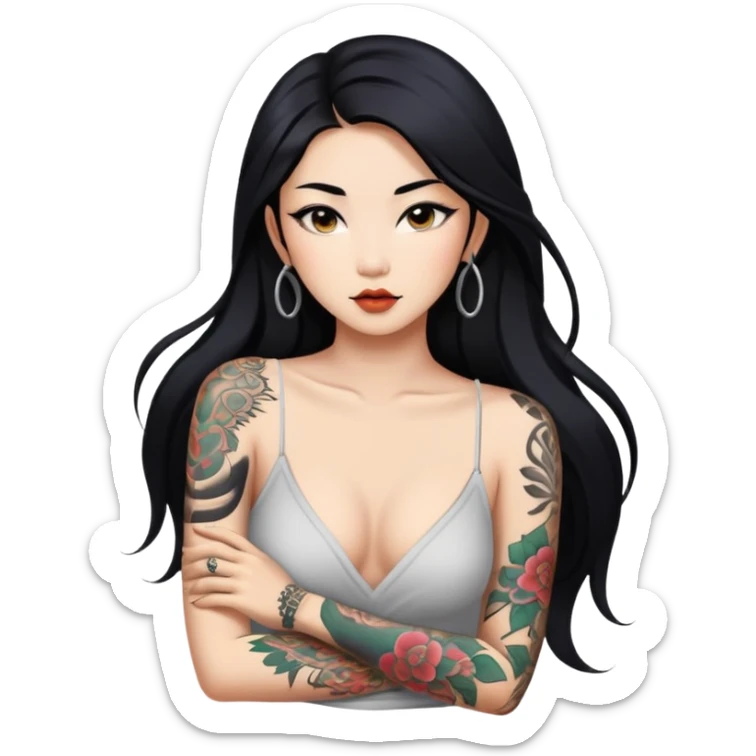 Beautiful Asian woman with long black hair and body tattoos sexy pose sfw sticker