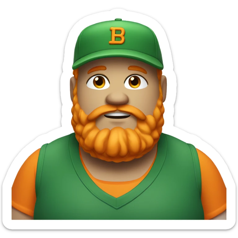 fat man with orange hair and large beard. Green baseball cap and confident. smug expression with a slight smirk and half-closed eyes. sticker