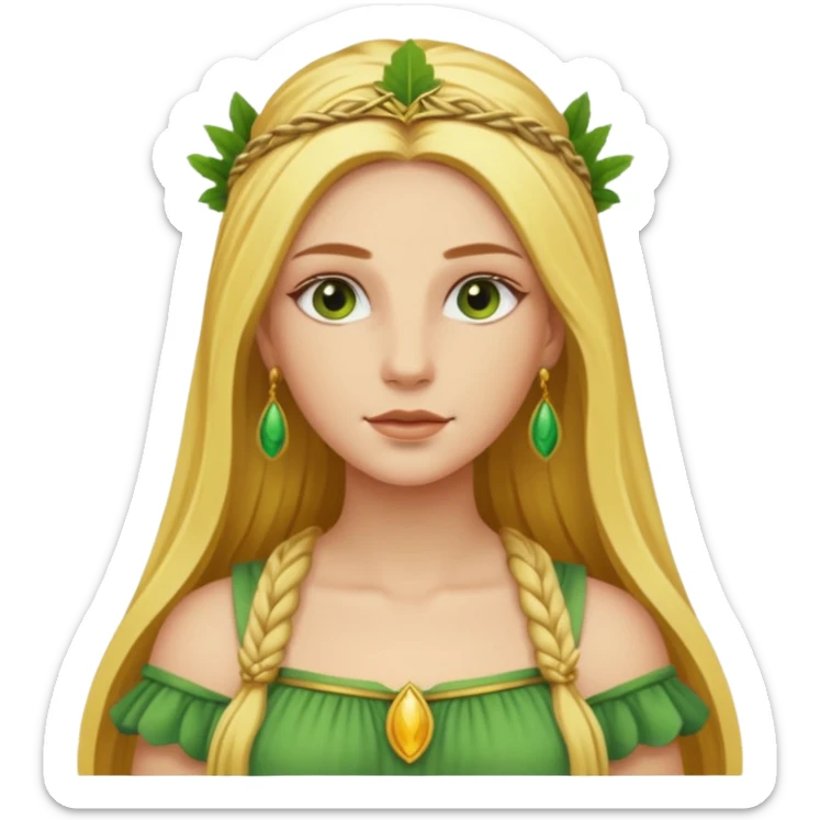 Ceres, Harvest Goddess from Rome Mythology with long golden blonde hair, green and yellow outfit, sticker