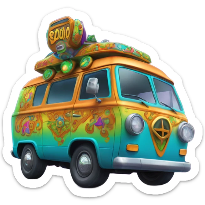 A vibrant semi-realistic depiction of the Scooby-Doo Mystery Machine van with glowing headlights and playful psychedelic patterns. sticker